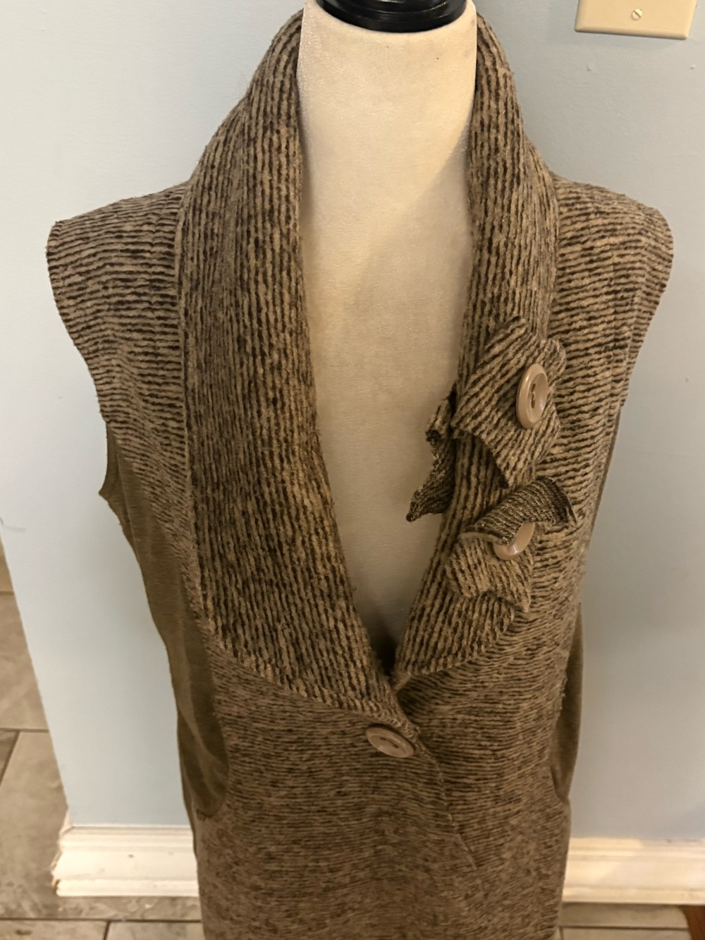 Linea Donatella Brown Ribbed Sleeveless Shawl Collar Vest with Button Detail